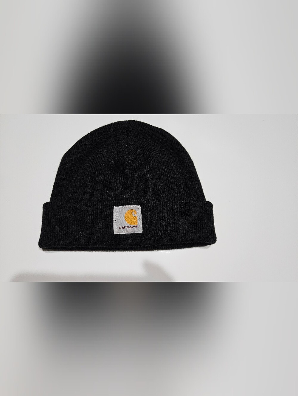 Carhartt Black Knit Beanie Hat Cuffed Yellow Logo Unisex.